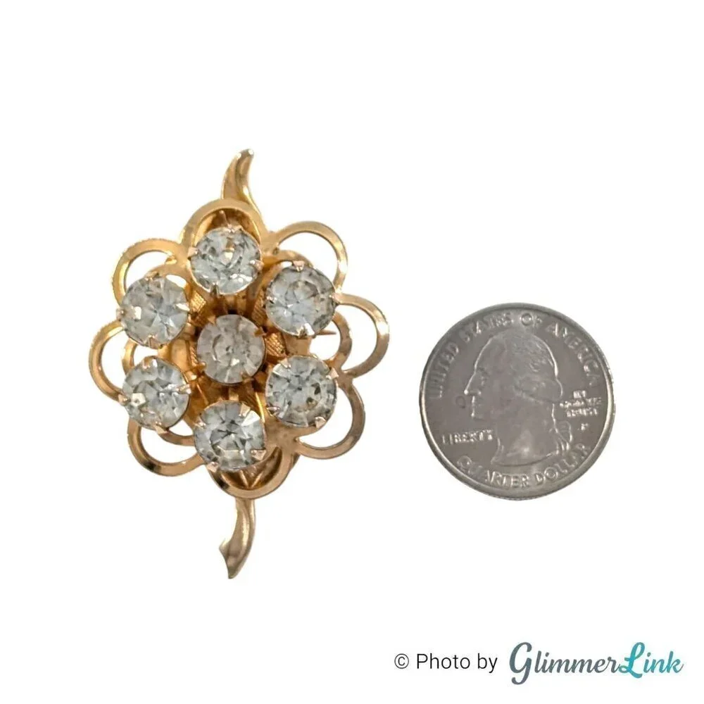 Vintage Flower Leaf Layered Clear Rhinestones Gold Tone Brooch Pin